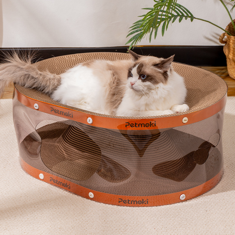 PawsCube Clear Cat Tunnel & Scratching Bed – PVC Durable Layer + Corrugated Cardboard, Anti-Furniture Scratching